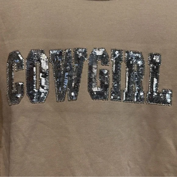 Cowgirl Sequin Sweatshirt Small Tan Western Crewneck Rodeo Minimalist Country - Picture 5 of 12